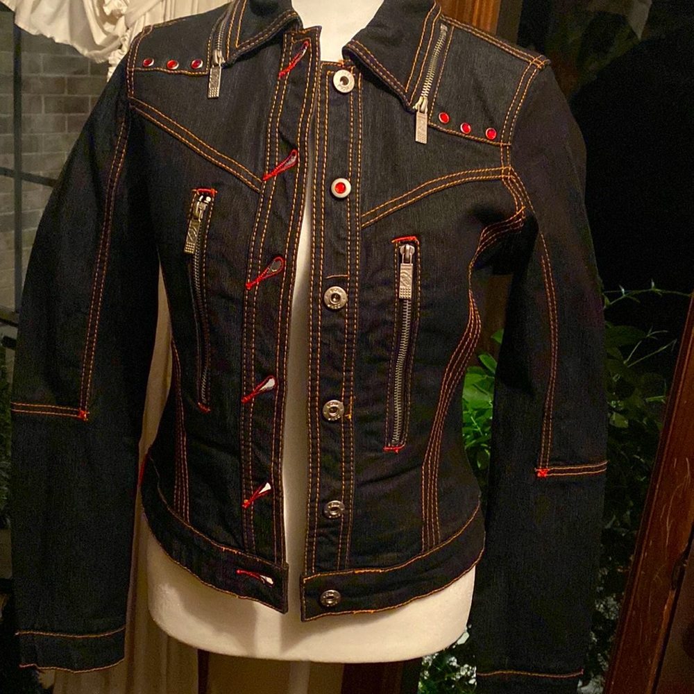 Echo red denim jacket size small dark denim wash with red stone accents